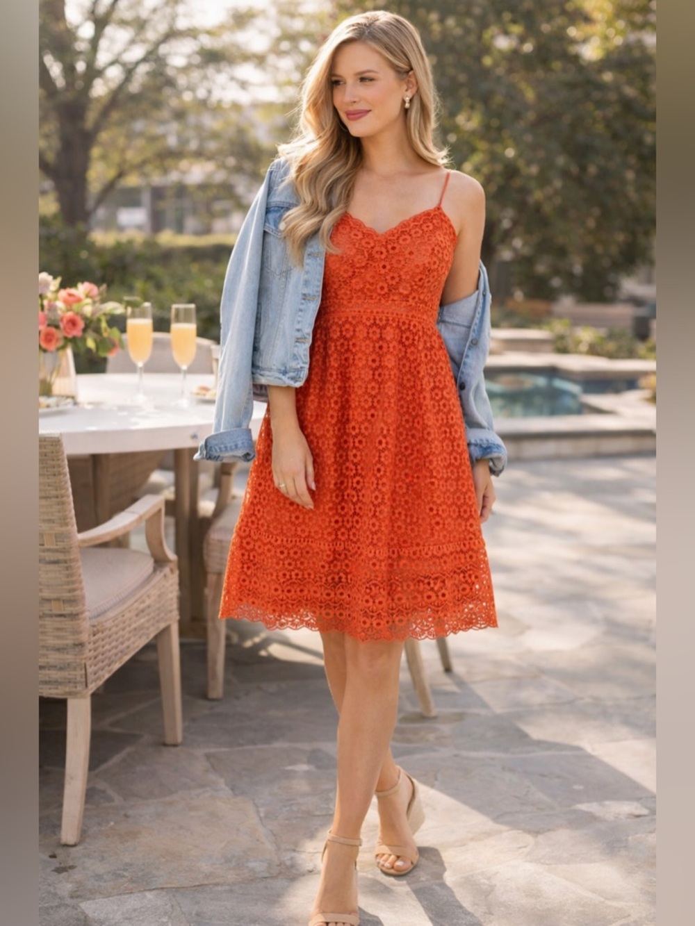 J.Crew Orange Lace Fit & Flare Dress Size 8 Eyelet Floral Spaghetti Strap